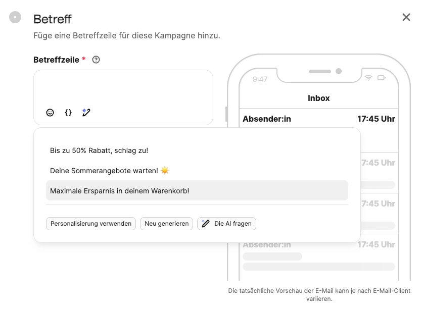 Aura, der KI-Agent von Brevo, hilft unter anderem beim Erstellen von E-Mail-Betreffen und Texten