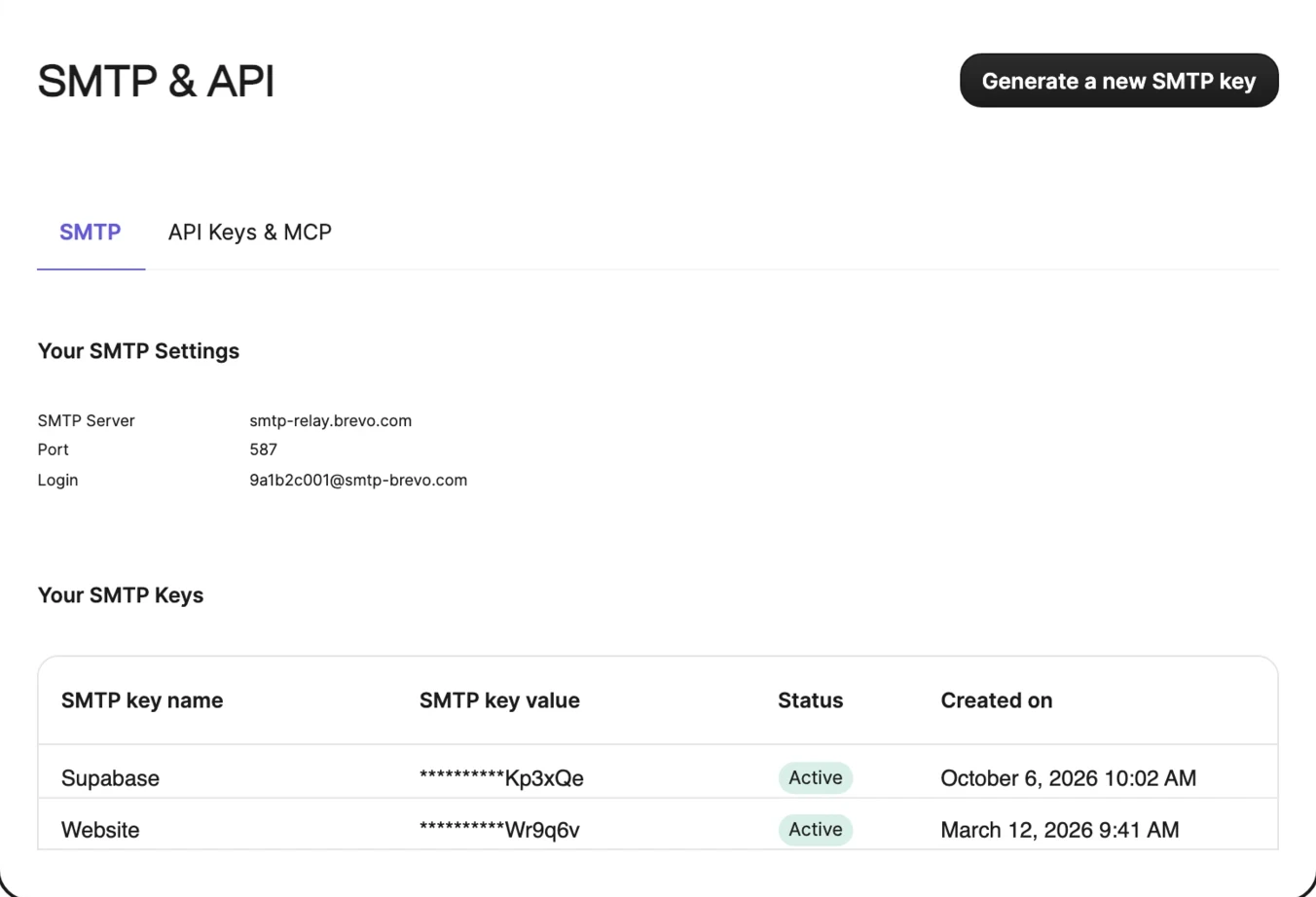 Brevo SMTP-Einstellungen mit Server, Port und einem SMTP-Schlüssel namens Supabase