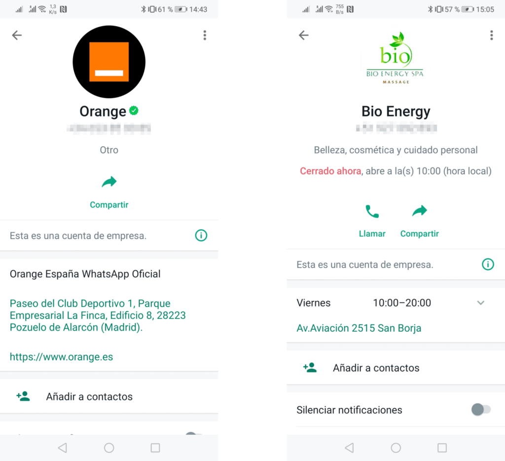 Ejemplos de perfiles de atención al cliente por WhatsApp, de dos empresas diferentes.