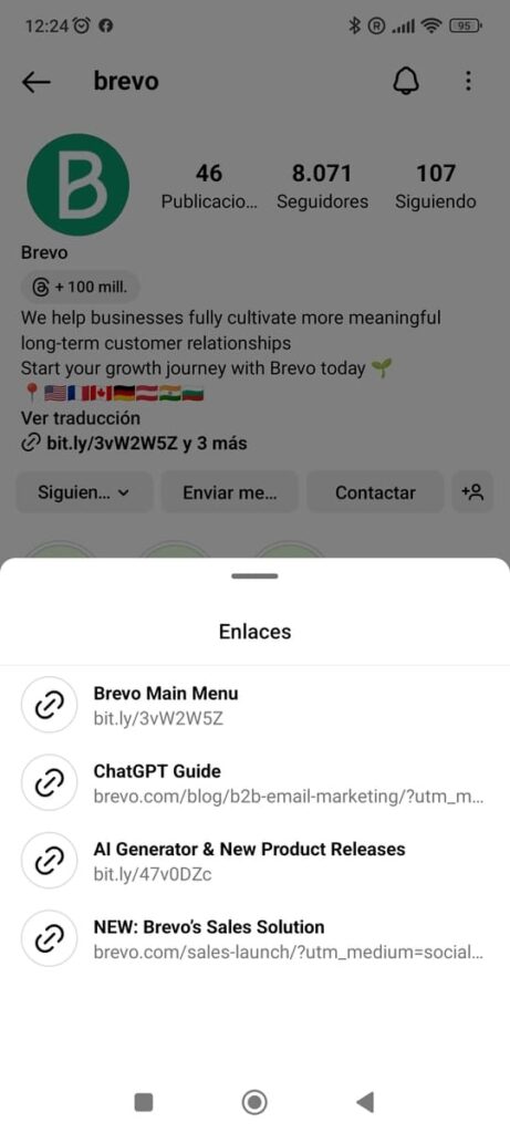 Instagram para empresas: Enlaces perfil Instagram Brevo