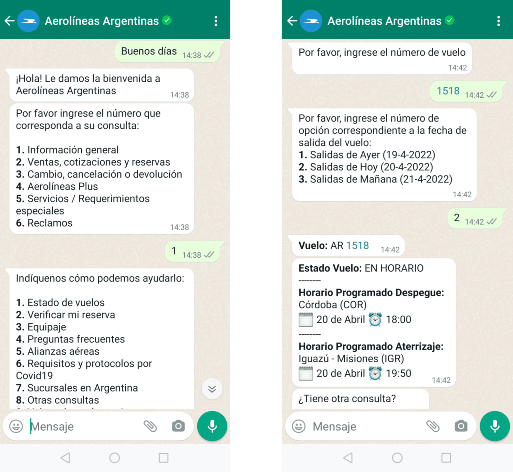 Aerolínea ofreciendo atención al cliente a través de WhatsApp, captura de pantalla.