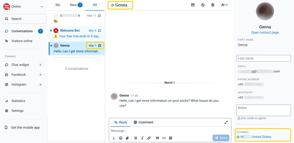Captura de pantalla de cómo usar la API de WhatsApp en Conversaciones, herramienta de para atención al cliente.
