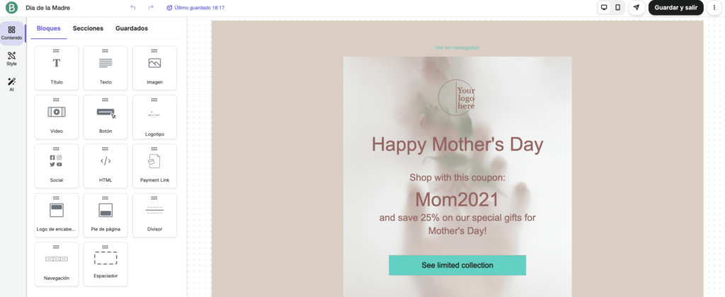 Editor emails de Brevo , plantilla del Día de la Madre.