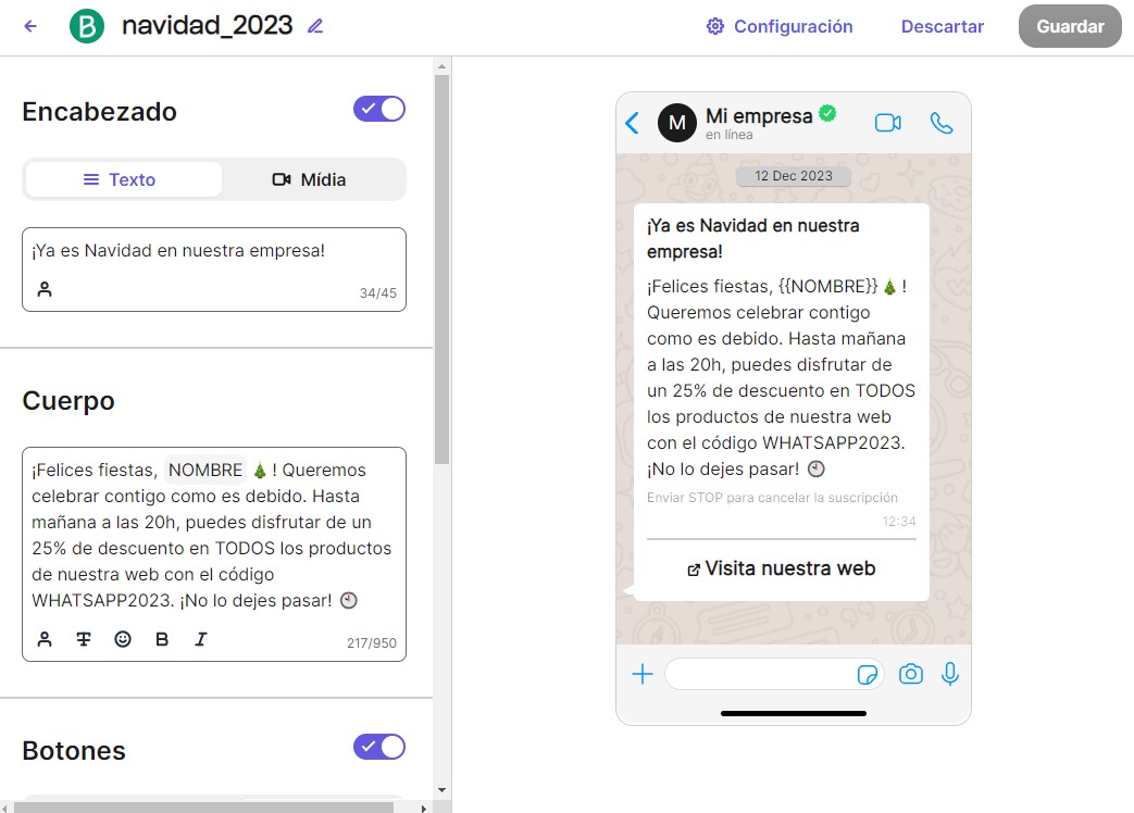 Ejemplo de plantilla de WhatsApp.