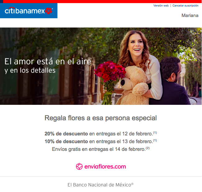 Ejemplo email san valentin del banco Citibankmex y Enviaflores.