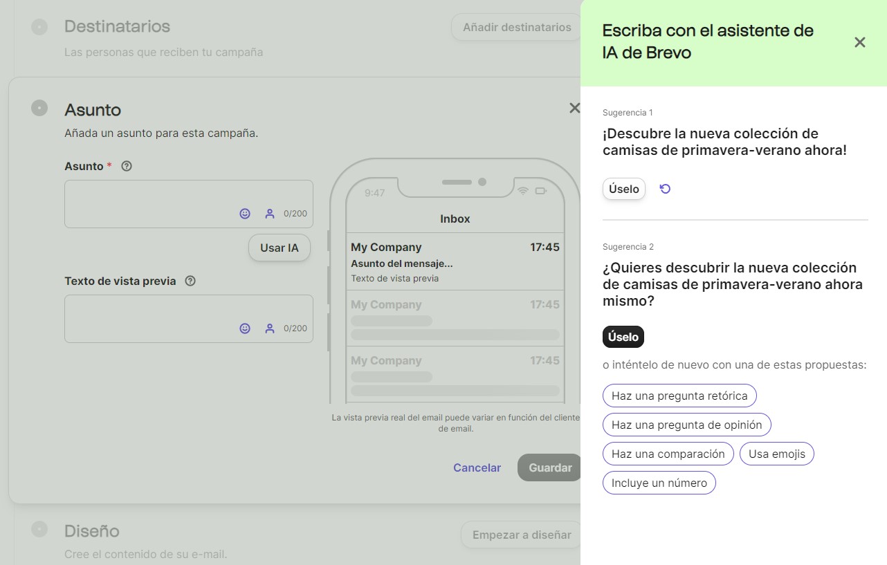 Asistente IA de Brevo, para enviar correos masivos.