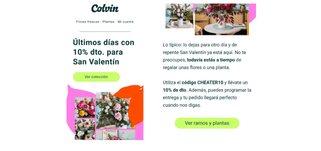 Una newsletter de San Valentín realizada por la floristería en línea Colvin, en 2022.