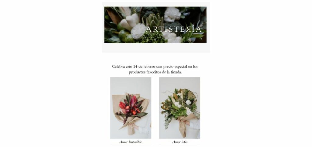 Ejemplo de email marketing en el Día del Amor y la Amistas de la floristería la Artistería.