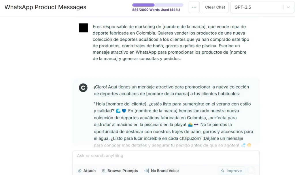 Ejemplo de mensaje de venta en WhatsApp con IA 2 - Nueva colección - Copy aiEres responsable de marketing de [nombre de la marca], que vende ropa de deporte fabricada en Colombia. Quieres vender los productos de una nueva colección de deportes acuáticos a los clientes que ya han comprado este tipo de productos, como trajes de baño, gorros y gafas de piscina. Escribe un mensaje atractivo en WhatsApp para promocionar los productos de [nombre de la marca] y generar consultas y pedidos.