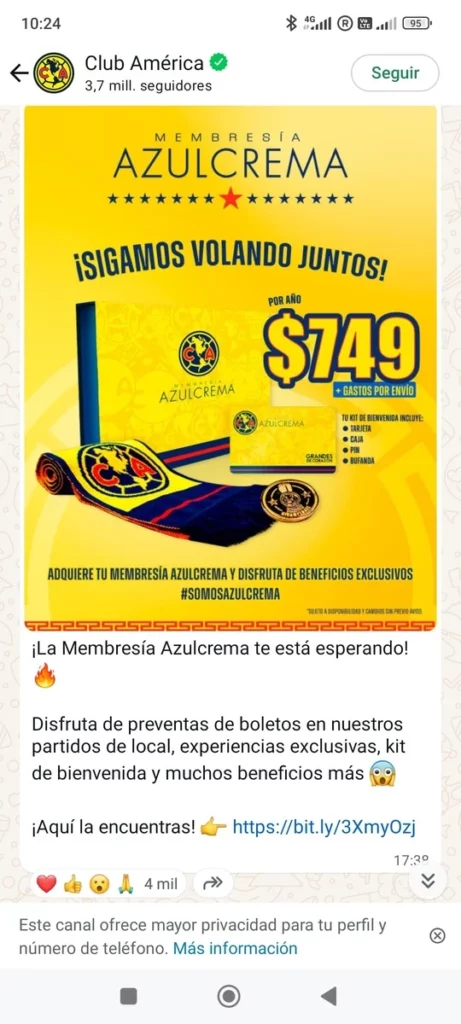 Empresas que usan mensajes de ventas por WhatsApp 4 - Club América¡La Membresía Azulcrema te está esperando! Disfruta de preventas de boletos en nuestros partidos de local, experiencias exclusivas, kit de bienvenida y muchos beneficios más ¡Aquí la encuentras! [enlace] Aprovechá estos cupones *IMPERDIBLES exclusivos de la App Carrefour* y ¡muchos más! Si todavía no la tenés, descargala acá [enlace] Tenés tiempo hasta el 3 de Septiembre. Para más información y condiciones o limitaciones aplicables, consultá en la App Carrefour.