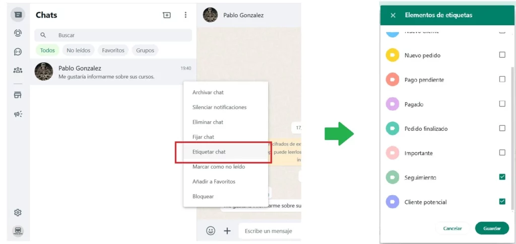 Whatsapp Business web para PC - Etiquetar contacto 2 pasos