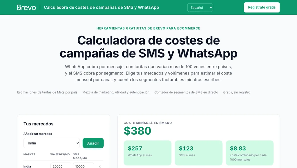 Calculadora de costes de SMS y WhatsApp