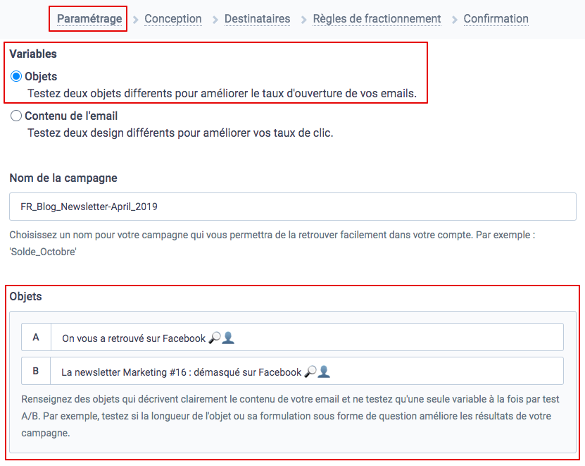Paramétrage d'une campagne A/B test sur Brevo A/B test - Objet
