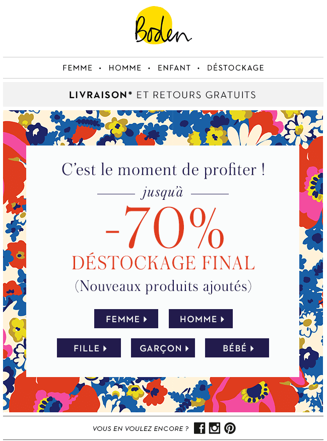 Email promotionnel de Boden comprenant de nombreuses balises html html vs texte : un exemple de format hrml