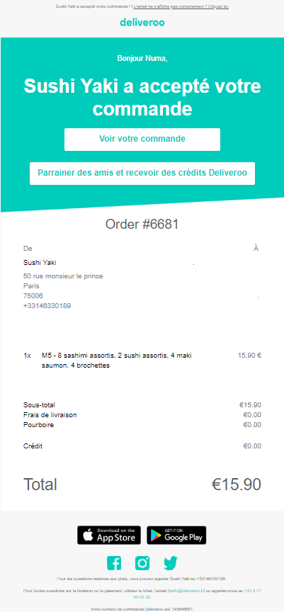 Confirmation de commande - Deliveroo Confirmation de commande - Deliveroo