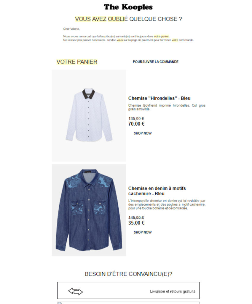 Panier abandonné the Kooples Intégrer le contenu du panier abandonné dans le mail