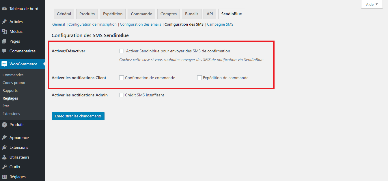 Grâce au plugin Brevo, vous pouvez envoyer des SMS transactionnels Ecran de sélection ses SMS transactionnels