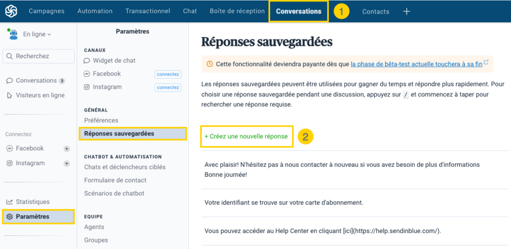 Chat réponses sauvegardées