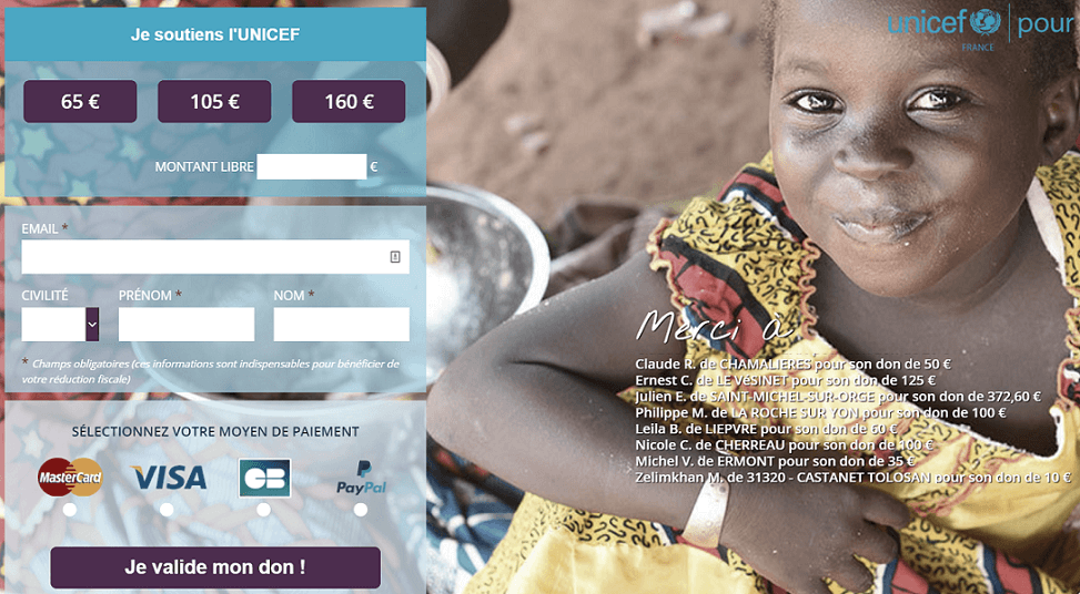 Rassurante et engageante, la landing page de don de l'unicef est un bon exemple a suivre Emailing association : la landing page de l'unicef