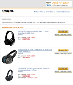 L'email de retargeting d'Amazon se présente comme une page du site pour inciter à aller consulter des informations sur ce dernier. Email marketing e-commerce d'Amazon : email promotionnel