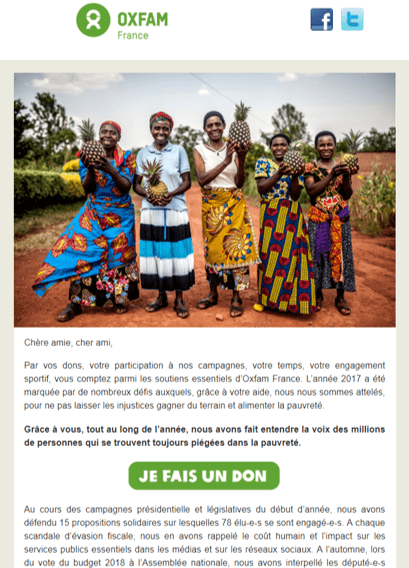 L'email d'oxfam met en avant le bouton en le centrant dans l'email. emailing association : le call to action d'oxfam