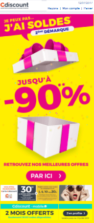 L'email de soldes de Cdiscount mise sur l'information brute. Email marketing e-commerce de Cdiscount : email promotionnel