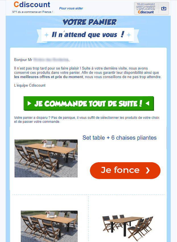 L'email de relance de panier abandonné de Cdiscount et ses CTAs bien voyants Email marketing e-commerce de Cdiscount : email de relance de panier abandonné