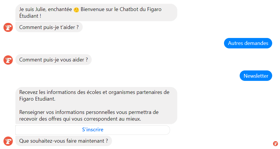 Le chatbot du figaro étudiant permet, entre autres, de s'inscrire à leur newsletter. Newsletter Facebook : inscription à une newsletter avec un chatbot