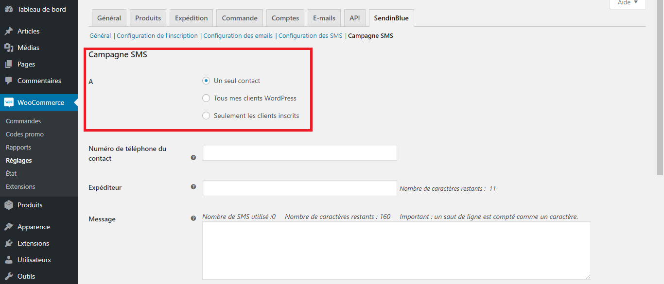 Votre plugin Brevo vous permet également d'envoyer des campagnes SMS Ecran de mise en place des campagnes de marketing SMS Brevo