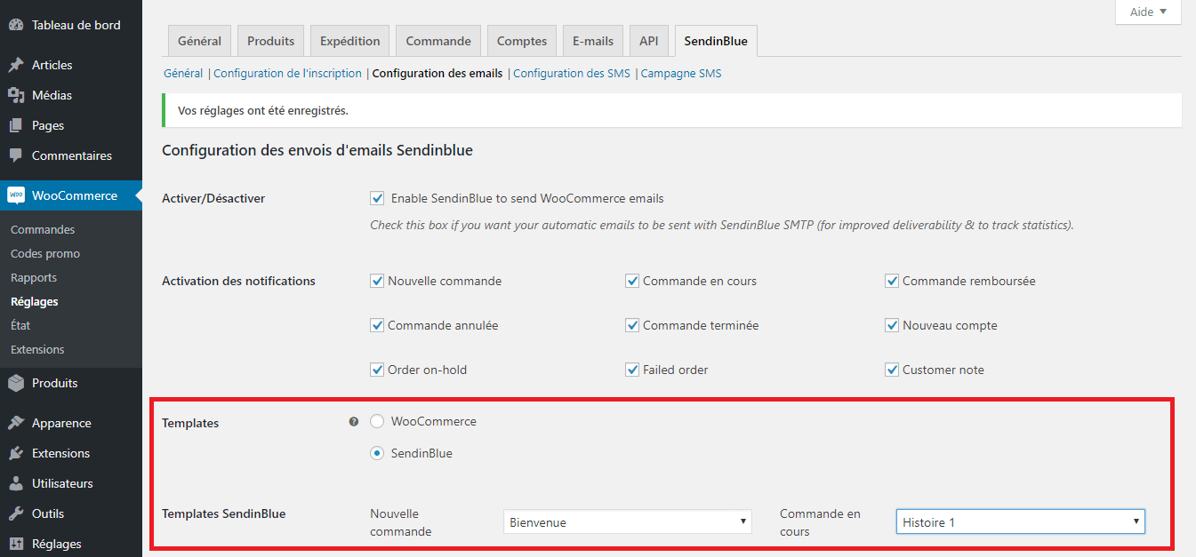 Le plugin Brevo vous permet d'utiliser vos propres templates pour vos emails transactionnels Ecran de sélection des templates sur Woocommerce