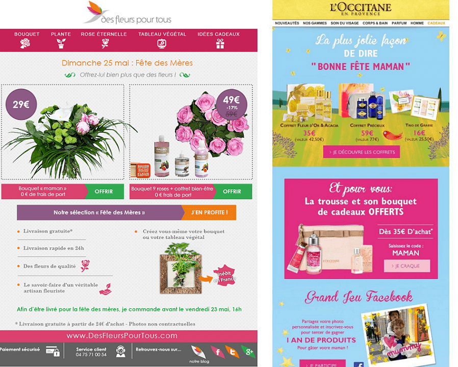 Restez dans les tons roses et violets habituels ou bien apportez un peu de variation dans la boite de réception de vos clients ! newsletter fete des meres : choisir la bonne palette de couleurs