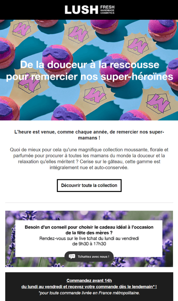 Lush propose des conseils en ligne à ses clients à la recherche de cadeaux newsletter fete des meres : l'exemple de lush