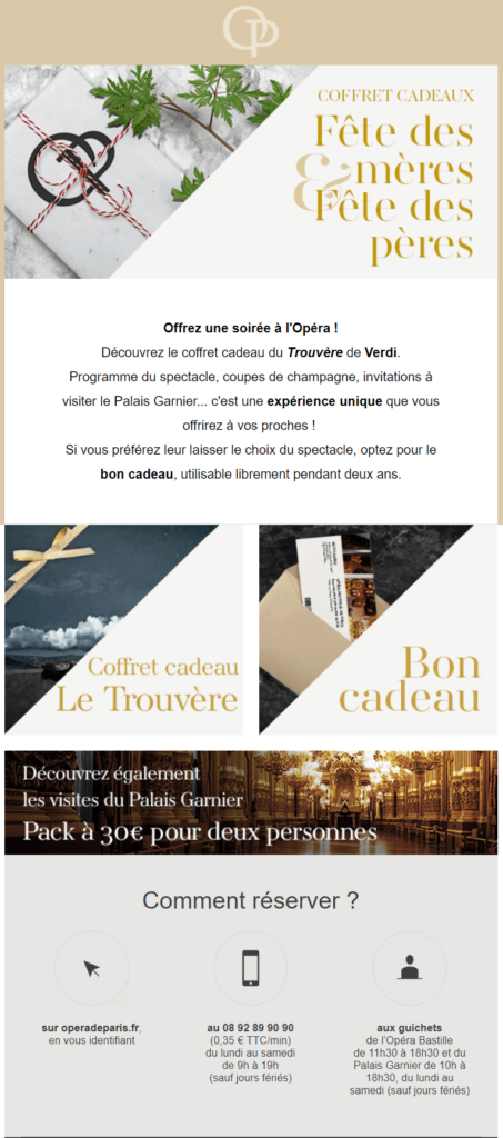 L'opéra de Paris propose une offre groupée fete des meres/fete des pères Newsletter fete des meres : l'exemple de l'opéra de paris.
