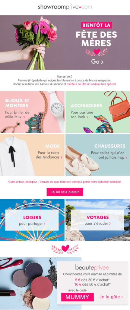 showroom privé laisse le choix à ses lecteurs en proposant plusieurs catégories newsletter fete des meres : l'exemple de Showroom privé