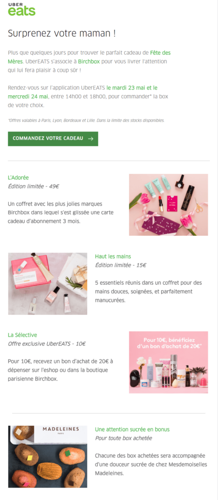 Uber Eats s'allie avec d'autres entreprises pour la fete des meres. newsletter fete des mères : l'exemple de Uber Eats
