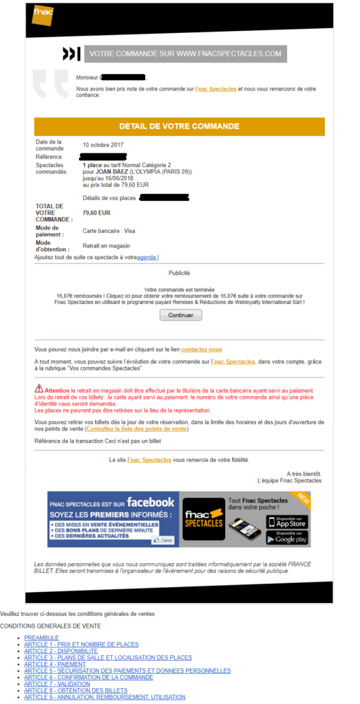 Email standard de confirmation de commande de la Fnac Email marketing e-commerce de la Fnac : email de confirmation de commande