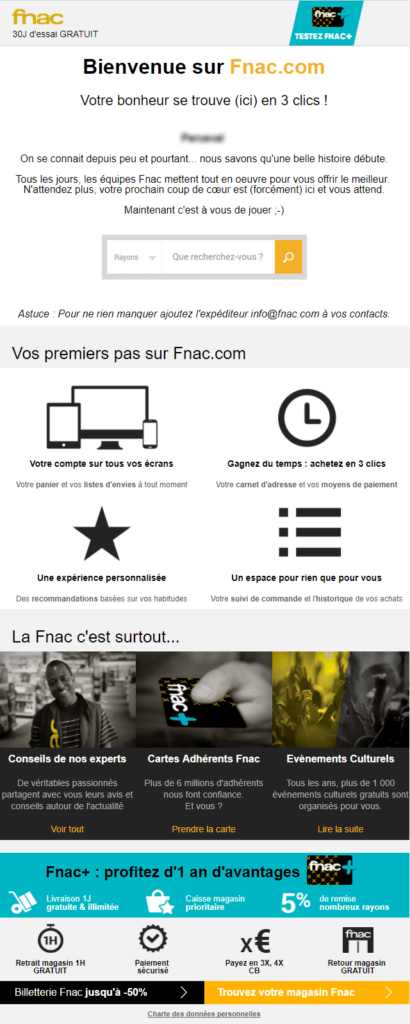 L'email de la Fnac contient beaucoup d'éléments différents, mais bien agencés. Email marketing e-commerce de la Fnac : email de bienvenue