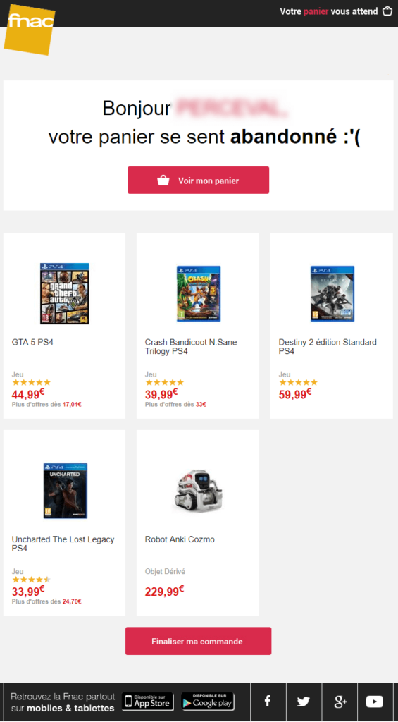 Premier email de relance de la Fnac Email marketing e-commerce de la Fnac : série d'email de relance de panier abandonné