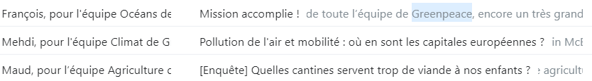 Sender names différents et personnalisés pour Greenpeace. Sender name : exemple de Greenpeace