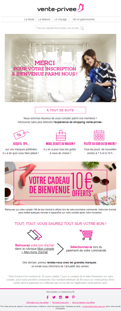 Premier email de bienvenue de vente-privée Email marketing e-commerce de vente-privée : série d'email de bienvenue