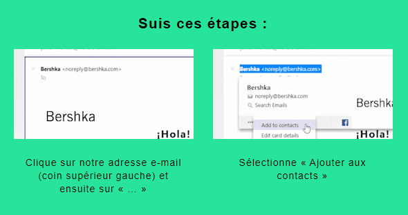 Pour demander à ses contacts de l'inclure dans leur carnet d'adresse, Bershka use du GIF comme d'un manuel. GIF email : Bershka fait du GIF un livret d'instructions