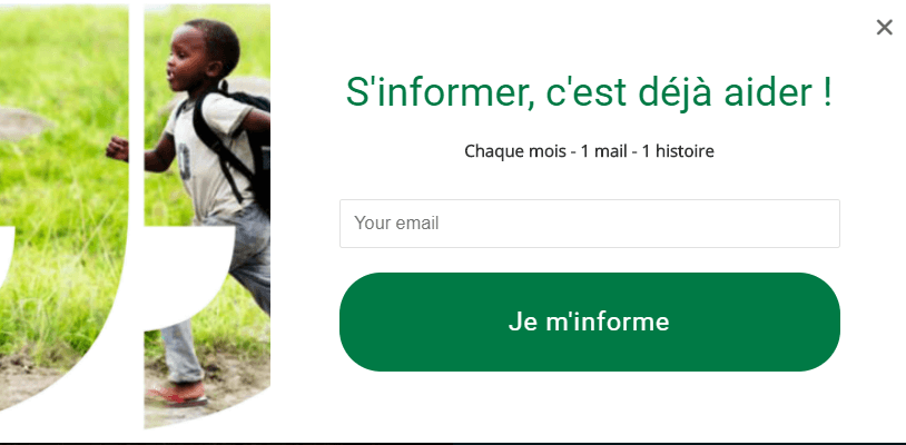 Pop up de l'association Un enfant par la main pour l'inscription a la newsletter. Emailing association : incitez vos visiteurs à recevoir vos emails