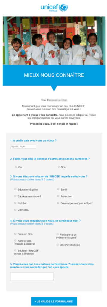 L'unicef envoie un email a ses inscrits pour chercher leurs centres d'interets. Emailing association : email de segmentation de l'unicef