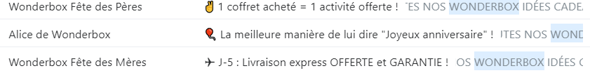 Wonderbox adopte différents sender names Nom expéditeur email : exemple de Wonderbox