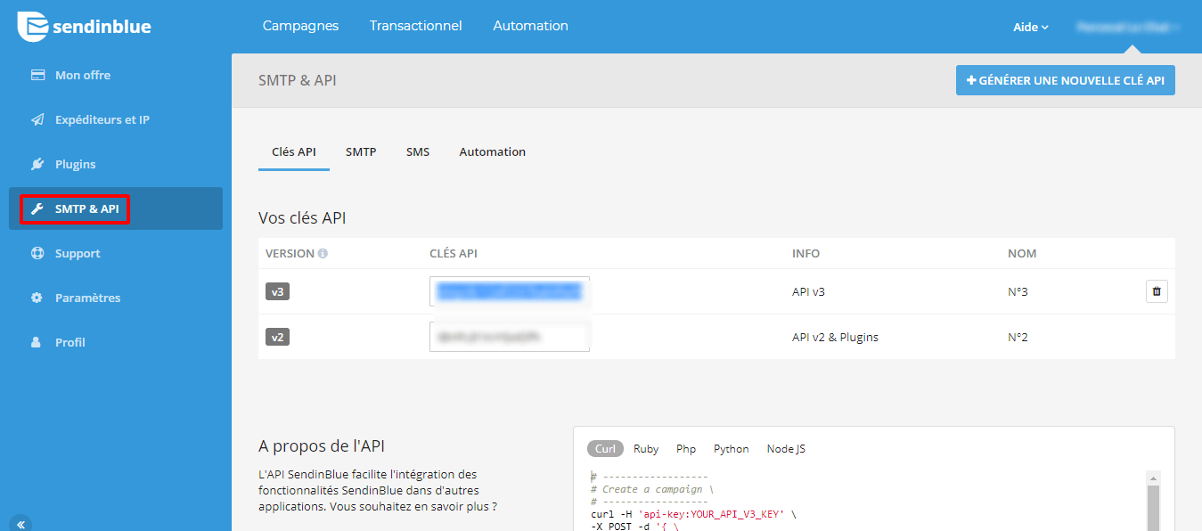 Pour synchroniser vos comptes Brevo et Zoho, vous devez récupérer votre clé API v3 Ou trouver votre clé API sur Brevo