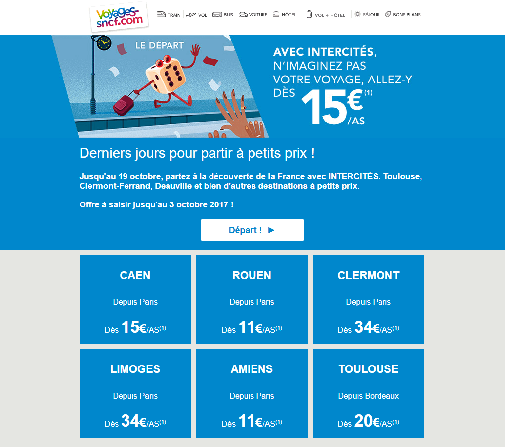 Email promotionnel de Voyages-SNCF propose tout un panel de destinations au départ de Paris Email marketing e-commerce de Voyages-SNCF : email promotionnel