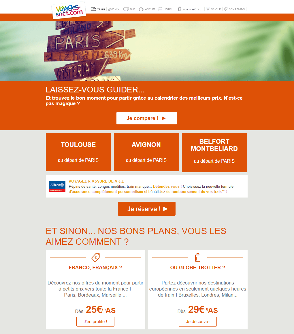 Cet email de Voyages-SNCF propose moins de destinations, mais insiste sur certains offres. Email marketing e-commerce de Voyages-SNCF : email promotionnel
