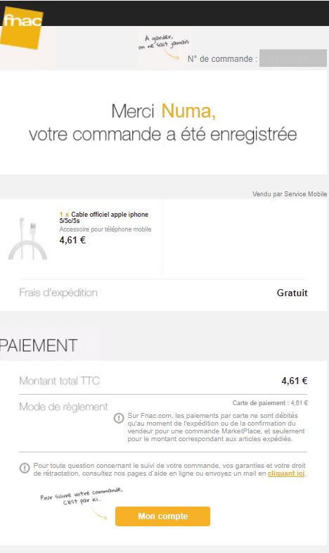 Email transactionnel Fnac.com Exemple d'email transactionnel