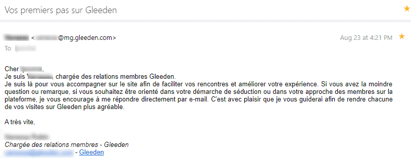 Email personnalisé de Gleeden mettant en avant le rapprochement avec les clients par l'utilisation du format texte html vs texte : un exemple d'email au format texte