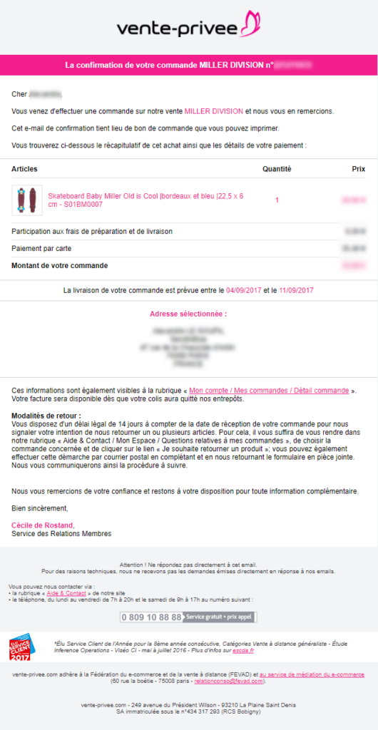 La confirmation de commande de ente-privée reprend le rose signature de leur marque. Email marketing e-commerce de vente-privée : email de confirmation de commande